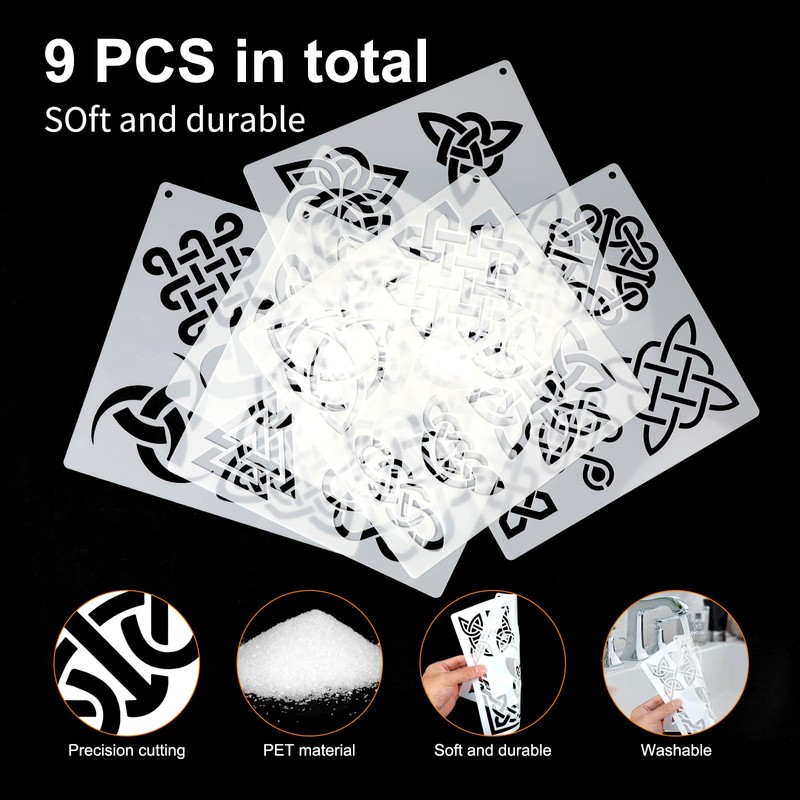 JSRQT 9Pcs Runes Stencils for Painting,Celtic Drawing Stencils Template, Reusable