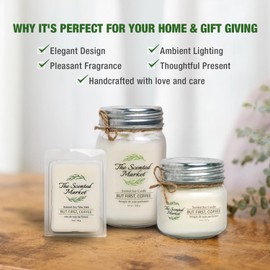 The Scented Market Aromatherapy Soy Wax Candle But First, Coffee 16 oz Mason Jar, Over 100 Hours of Burn Time, Ideal for Your Home and Gift Giving.