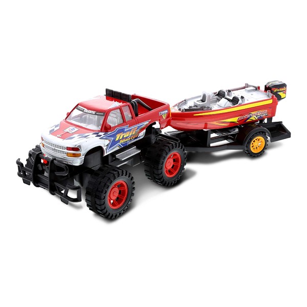 Mozlly Monster Truck Toys Set with Trailer Toy Boat, Friction Push Powered Hauling Truck, Big Truck with Boat Toy, Adventure Truck Pulling Boat Toy Monster Trucks for Boys 3 Years Old and up - 9 Inch