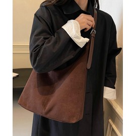 Suede Tote Bag for Women Shoulder Bag Retro Handbags Soft Satchel Stylish Large Two-piece Purse Work Travel