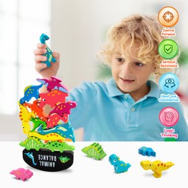 Wisplye Holz Stapelspiele Spielzeug, Dinosaurier Balancieren Tier Stapelblöcke, Pädagogisches Stapeln Bausteine, Montessori Lernspiel Motorikspielzeug Geschenk für Kinder ab 2 3 4 5 Jahre