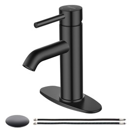 Matte Black Single Handle Bathroom Sink Faucet, Becaa Single Hole Modern Faucet with Assembled Supply Hoses & Pop-up Drain for Bathroom Vanity Lavatory, 1 Hole or 3 Holes
