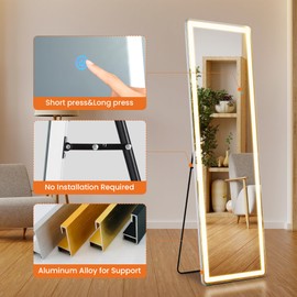Simple Deluxe Full Length Mirror with LED Lights, 60"x16"Floor Mirror with Dimming & 3 Color Lighting, Free Standing Floor Mirror, Lighted Full Body Mirror for Bedroom, Dressing Room, Cloakroom