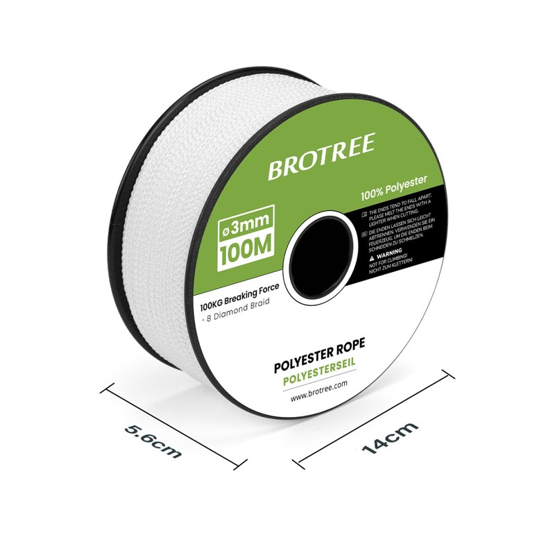 Brotree Polyester Rope 3mm x 100m White - Diamond Braided