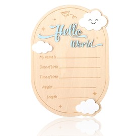 Wooden Baby Announcement Sign, Hello World Newborn Signs Cute White Cloud Decors Welcome Baby Arrival Plaque for Hospital Nursery Home Decoration Gifts Boys Girls Photo Prop