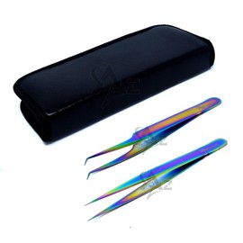 SET OF 2 Stainless Steel Multi Titanium Rainbow Color Jeweler Style Tweezers #8A + #3 Fine Point (A2Z)