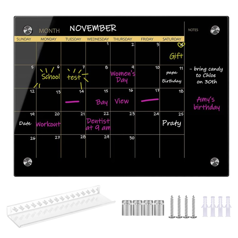 Glass Dry Erase Whiteboard,Monthly Calendar Whiteboard,18" x 24",Frameless Glass White