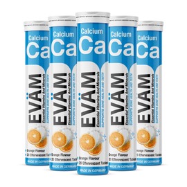 EVÄM Calcium Effervescent Tablets Orange I Flavour Orange I 24 x 20 Pieces I Dietary Supplement with Important Vitamins for Daily Vitamin Needs I Vegan I Sugar Free I Made in Germany