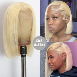 CUEKT 13x6 Blonde 613 Bob Lace Frontal Wig Human Hair Short Straight Transparent Front Wig Natural Density Pre Plucked Hairline Colored Bob Wigs for Women 14 Inch