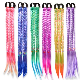 17 Inch Girls Rubber Bands Hair Extensions for Kids, Crazy Hair Day Accessories Colorful Wigs Colored Braids for for Women Girls Kids, Hair with Rubber Bands Rainbow Braided Synthetic Hairpieces Ponytail for 12pcs (Multicolor)