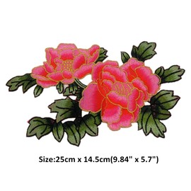 Peony Flowers with Dark Green Leaves Embroidered Appliques Sew Iron on Patches-Rose