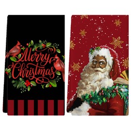 Black Santa Dish Towels for Kitchen African American Santa Christmas Decorations for Home Kitchen Bullfinch Holly Christmas Décor Merry Christmas Xmas Decorations Dish Towel Cloths Set of 2 18x26 Inch