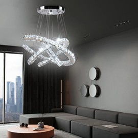 Finktonglan Modern Crystal Chandeliers 3C Rings Led Pendant Lamp Adjustable Stainless Steel Ceiling Lighting Fixture for Living Room Dining Room Bedroom Cool White