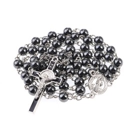 OEMOO 6mm Hematite Stone Black Beads Catholic Saint Benedict Rosary Necklace for Men with St.Benedict Center Piece and Crucifix in Metal Gift Box