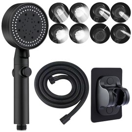 Shower Head with Hose 2 m Black Shower Head with Hose and Holder Shower Head with 8 Jet Types Black Stop Function for Bathrooms, Hotels etc. (Black)