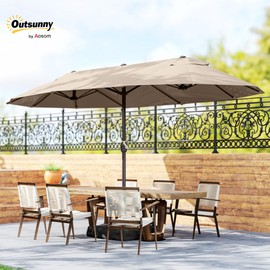 Outsunny Patio Umbrella 15' Steel Rectangular Outdoor Double Sided Market Umbrella with base, Sun Protection & Easy Crank for Deck Pool Patio, Coffee