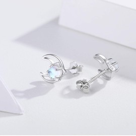 Moonstone Star Earrings Moon Earrings Set 925 Sterling Silver Rainbow Moonstone Stud Earrings for Women Kids Moon and Star Stud Earrings for Girls (Silver-Moon)
