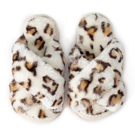 LZSYC Girl's Fluffy Slippers Kids' Fuzzy Leopard Tie Dye Cross Band Plush Open Toe Slippers, 3-4 Little Kids