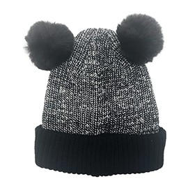 Rockjock Kids Winter Warm Beanie Hat Thick Double Soft Pom Pom Bobble Hat with Faux Fur for Girls Soft & Stretchable Thermal Winter Hat (Black/White)