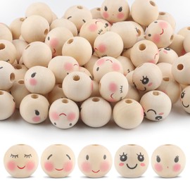 50PCS Wooden Beads for Crafts, 20mm Smile Wooden Beads with Holes, Natural Round Face Wood Beads for DIY Crafts, Jewelry Making, Angel Decorations(Style 2)