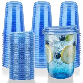 16oz Disposable Stemless Glasses With Strawless Sip Lids,PET Disposable Drinking Cups,Clear Plastic Wine Glasses for Parties Birthday,Wedding,Meeting,for Birthday Wedding Meeting Party. (50, Blue)