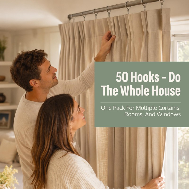 Curtain Hooks - Heavy Duty Metal Pin Hooks, 50 Pack