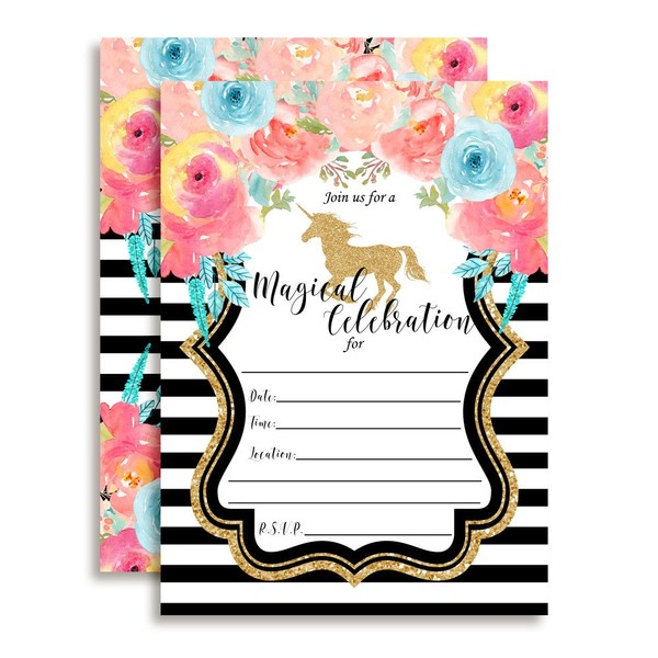 Watercolor Floral Unicorn with Gold Glitter Birthday Party Invitations for Girls, 20 5"x7" Fill In Cards with Twenty White Envelopes by AmandaCreation