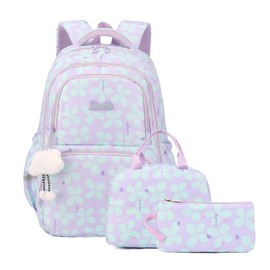 Bansusu 3Pcs Kids Backpack for Girls School Bag with Lunch Bag, Lucky Leaf Bookbag Multi-Pocket Girls Backpack, Purple