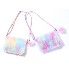 JUMISEE Fluffy Faux Fur Crossbody Purse for Kids Girls Women Tie Dye Rainbow Shoulder Bag Handbag Wallet