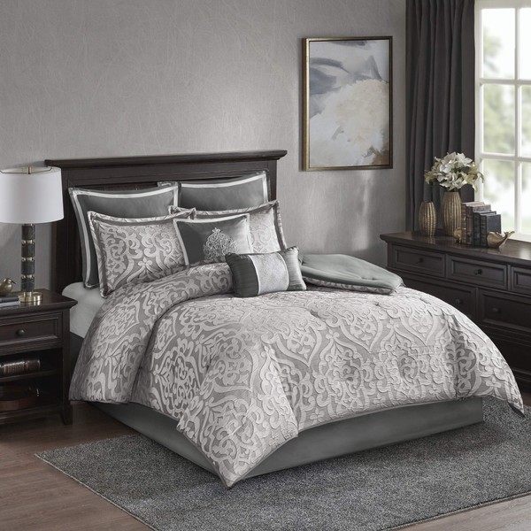 Madison Park Odette Cozy Comforter Set Jacquard Damask Medallion Design - Modern All Season, Down Alternative Bedding, Shams, Decorative Pillows, King(104 in x 92 in), Silver 8 Piece