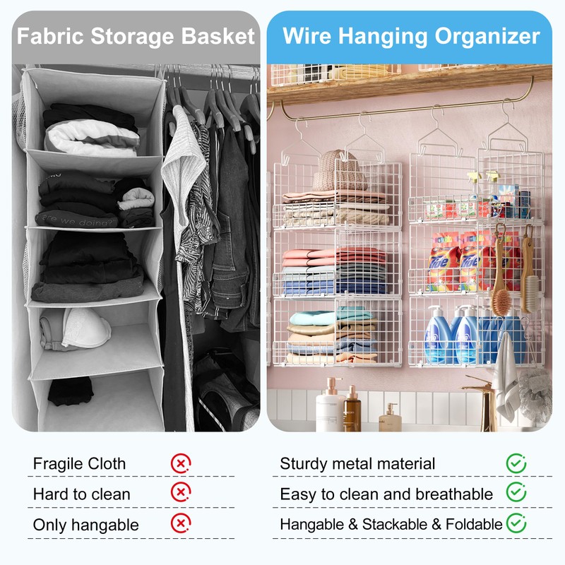 3-Tier Hanging Closet Organizer with 5 S Hooks, Closet Shelves