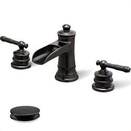 Oil Rubbed Bronze Bathroom Faucet, Brass Waterfall Faucet Widespread Bathroom Sink Faucet 3 Hole, 4-16 Inch Bathroom Faucets with Pop Up Drain 2 Handle & Supply Hose for Hotel Farmhouse Antique