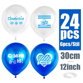 BOOMTOP 24pcs Oktoberfest Deko Ballons Bayrische Deko Luftballons O'zapft is Oktoberfest Latexballons Partyballons I mog Di Bayern Bierfest Wiesn Dekoration Blau Weiß in 4 Stilen