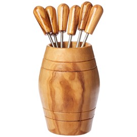 Naturally Med - Olive Wood Barrel with Olive Picks (6). Charcuterie picks, pickers for olives, cheese, charcuterie. Cocktail skewers. Mini forks for charcuterie. Olive wood from Spain.