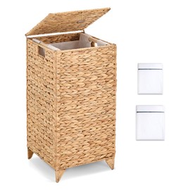 LGENHOOM Handwoven Laundry Hamper with Lid, Natural Hyacinth Heightened Feet Laundry Basket, Wicker Clothes Hamper with Removable Liner Bag for Clothes and Towels
