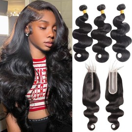 Body Wave Bundles Human Hair With Closure(20 22 24+2X6 Hd Lace Clousre 18Inch) 100% Human Hair Bundles With Closure Natural Black Hair Extensions For Women