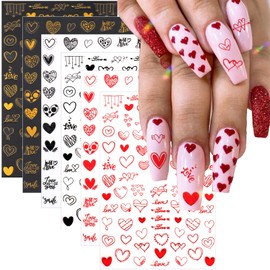 9 Sheets Heart Nail Stickers, 3D Valentine's Day Black Red Golden Laser Design Self-Adhesive Nail Art Decals, DIY Manicure Decoration Supplies Accessories for Women Girls