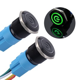 DMWD 2Pcs Latching Push Button Switch 19mm 12V-24V ON/Off 1NO 1NC Waterproof IP66 Black Metal Shell with Wire Socket Hole Power Symbol Green Light