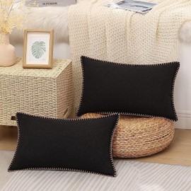decorUhome Set of 2 Linen Cushion Covers 30X50cm,Decorative Outdoor Plain Vintage Cushion Covers with Stitched Edges, Rectangle Farmhouse Neutral Pillow case 12x20 Inch for Sofa, Black