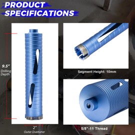 DaduoRi 2" Dry Core Drill Bit for Brick and Block with 3 Adapters Included: SDS Plus, SDS Max and 1/2" Hex Shank, 9.5" Drilling Depth Core Bits for Soft Concrete,Brick,Stucco,Masonry, 5/8"-11 Thread
