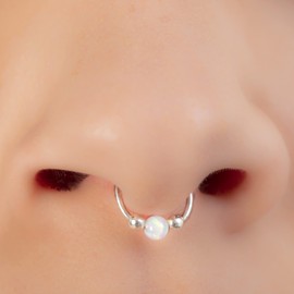 Faux Septum Piercing Ring White Opal - 20 Gauge Septum Nose Ring - 925 Sterling Silver Fake Septum Hoop Jewelry – 8mm Dainty Non Piercing Septum Hoops – Hypoallergenic Nose Silver Jewelry Women Men