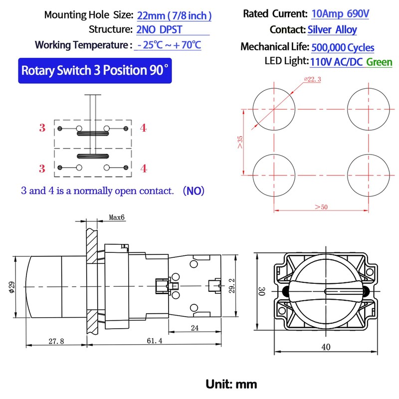 10Amp 22mm 3 Position Rotary Selector Switch with 110V Green