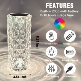 YCBB YCBB Crystal Diamond Table Lamp, 16 Colors Changing Touch Control Bedside Lamp with USB Port, Romantic Rose Acrylic LED Night Light Remote for Bedroom, Living Room, Party, Christmas Decor
