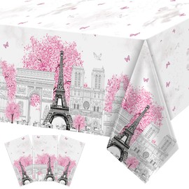 3 Pieces Paris Eiffel Tower Tablecloths Pink Paris Theme Tablecover Eiffel Tower Plastic Disposable Rectangle Table Covers for Baby Shower Weddings Girl Birthday Party Favors Decorations Supplies