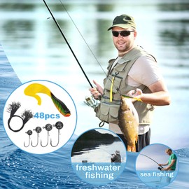 MEIRRAI 48pcs Angelzubehör, 8pcs Gummifische mit Twisterschwanz 12cm 6g, 20pcs Jigköpfe (7g/10g/14g/17g), 20pcs Stahlvorfach Hecht, Angel Zubehör für Salzwasser und Süßwasserfische