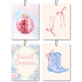 Preppy Coquette Pink Bow Car Air Freshener 4 Pcs - Trendy Pink Bow Cowgirl Disco Ball Air Freshener Hanging Decor for Cars Closet Drawer Books, Preppy Western Car Accessories Mirror Decor for Women