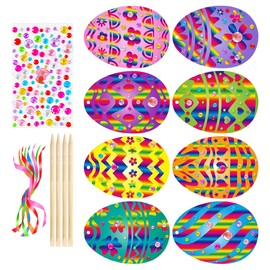 Healifty Easter Scraper Set with 8 Easter Eggs Creative Craft Set for Children 6 Years and Adults Including Wooden Sticks Ribbons and Rhinestone Stickers Ideal for Easter Crafts and Family Crafts