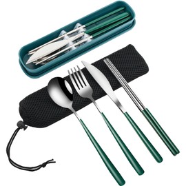 VANRA - Juego de 4 utensilios de viaje portátiles con estuche, juego de cubiertos de acero inoxidable 18/8, juego de cubiertos reutilizables con tened