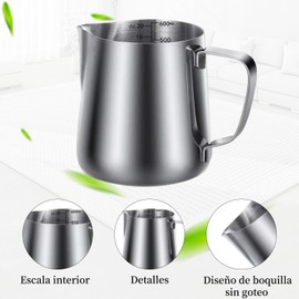 Jarra para Espumar Leche de Acero Inoxidable, AEGTVA Jarra Leche con Marca de Medición 600ml/20oz, Barista Pen y 16 Plantillas de Decoración y Especiero Malla Fina de Café
