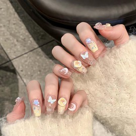 POKENGDA Coffin Acrylic Fake Nails Design,Nail glue included,Long Super Bling Press on Nails,Reusable Bling French Acrylic Daily False Nail Kits for Women